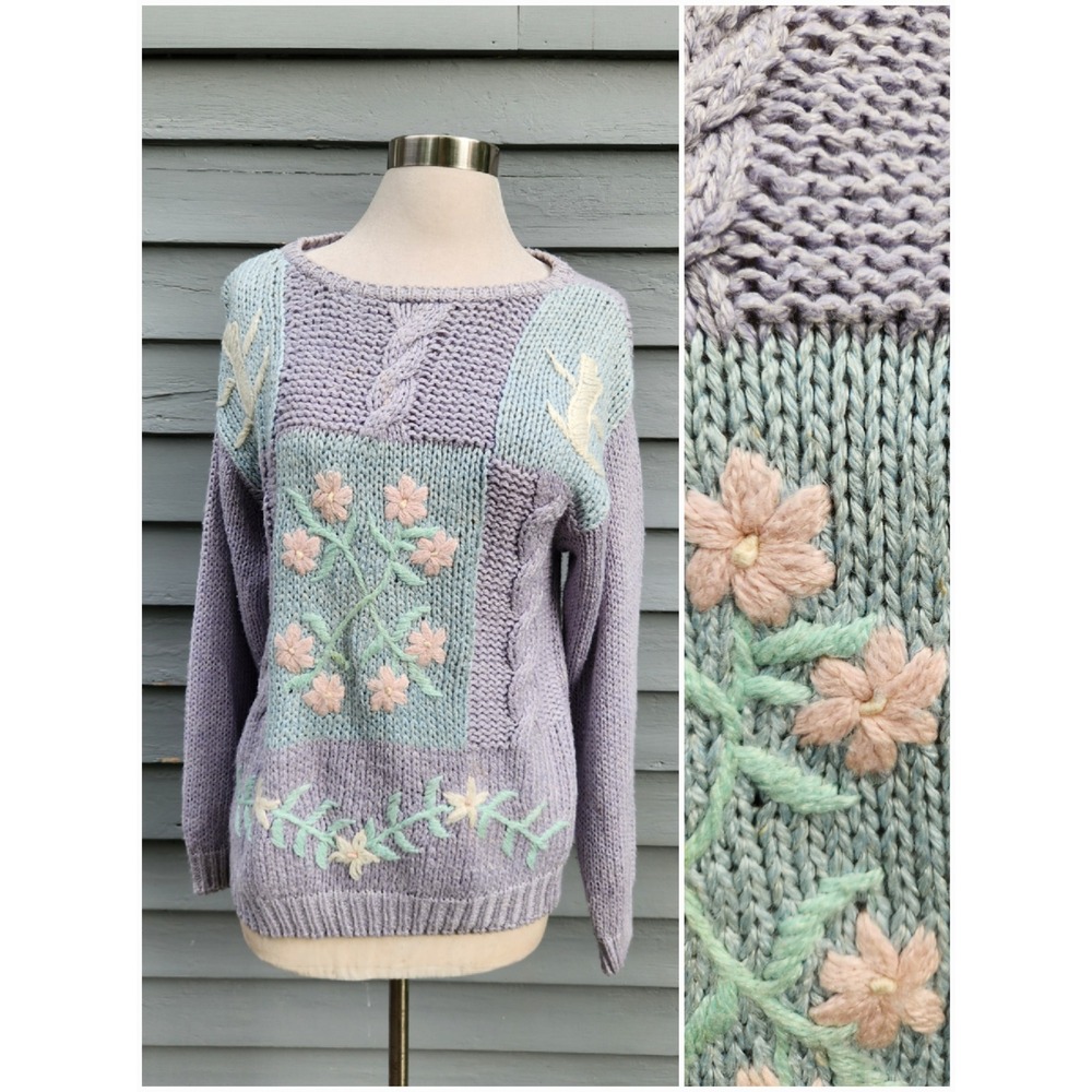 Vintage 90s Coquette Kawaii Sweater Purple Green Floral Hand‎ Knit Patchwork Md